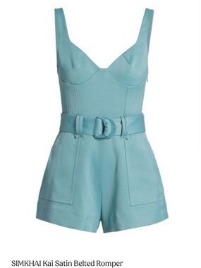 SIMKHAI Kai Satin Belted Romper in Light Blue